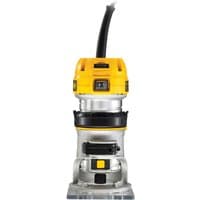 Yellow and silver DeWalt compact router with fixed base, black accents, and visible power cord on top.
