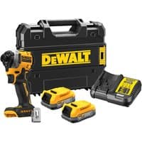 Ultra compact black and yellow DeWalt impact driver with two 18V Powerstack batteries, charger, and carrying case.