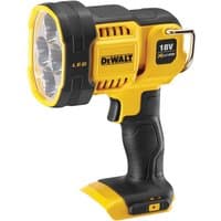 Yellow and black Dewalt DCL043 18V XR LED spotlight with ergonomic handle and four-bulb circular head.