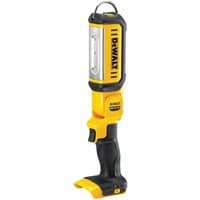 Yellow and black Dewalt DCL050 18V XR LED work light with ergonomic handle and hanging hook.
