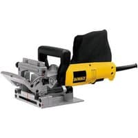 Yellow and black DeWalt biscuit jointer with a 600W motor, ergonomic handle, and dust bag attachment.