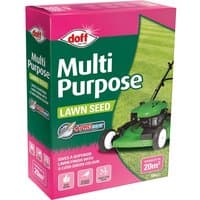 Doff Multi Purpose Lawn Seed box, pink and green with lawnmower image and text detailing coverage area.