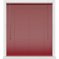 Red Venetian blinds with white frame, featuring horizontal slats and pull cords on the left side.
