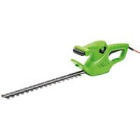 Green Draper 450mm electric hedge trimmer with black blade, ergonomic handle, and red power cord.