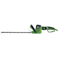 Green Draper 550mm 600W hedge trimmer with black handle and long cutting blade, electric cord attached.