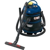 Blue and black Draper wet and dry vacuum cleaner, 35L capacity, 1200W, with hose and flat nozzle attachment.