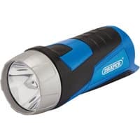 Blue and black Draper 12V LED torch with silver lens, ergonomic grip, and Draper logo on the side.