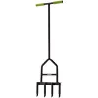 Black Draper 4-Prong Lawn Aerator with green handle grips and sturdy metal frame.