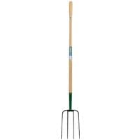 "Draper 4 Prong Manure Fork with wooden shaft and green metal head, featuring a smooth handle grip"