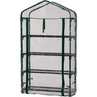 Draper 4-Tier Greenhouse with clear plastic cover, green trim, and four black metal shelves.