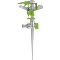 Green and silver Draper adjustable impulse sprinkler with metal spike and rotating spray head.