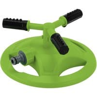 Green Draper adjustable revolving 3-arm sprinkler with black nozzles and circular base.