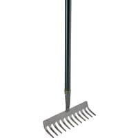 Draper Carbon Steel Garden Rake with black handle and 14 curved tines.