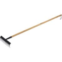 Draper carbon steel garden rake with black tines and long ash wood handle.
