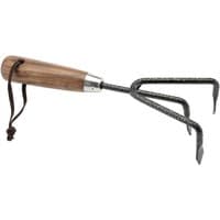 Carbon steel hand cultivator with three prongs, ash wood handle, and leather hanging strap.