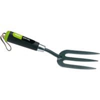 "Draper Carbon Steel Heavy Duty Hand Fork with black handle, green accent, and three sturdy prongs"