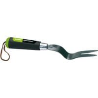 Black and green Draper hand weeder with carbon steel fork and ergonomic handle with hanging loop.
