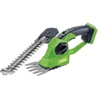 Green Draper D20 20V cordless trimmer with dual blades for grass and hedges, ergonomic black handle, sold bare.