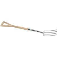 Stainless steel border fork with polished tines and a smooth ash handle featuring a D-shaped grip.