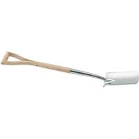 Stainless steel border spade with ash handle, featuring a D-grip and polished blade.