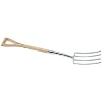 Stainless steel digging fork with four tines and ash wood handle, featuring a D-shaped grip.