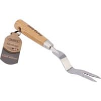 Stainless steel hand weeder with curved blade and ash wood handle, featuring Draper Heritage branding.