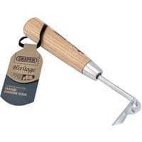 Stainless steel onion hoe with ash handle, branded tag, and angled blade by Draper Heritage.