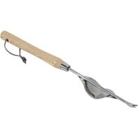 Stainless steel weeder with spinnaker handle and smooth ash wood grip, featuring a leather hanging loop.