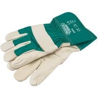 Green and beige leather gardening gloves with reinforced palms and elastic cuffs, labeled "Draper Expert" in white.