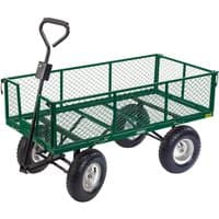 Green Draper Heavy Duty Steel Mesh Cart with black handle, four large pneumatic wheels, and sturdy metal frame.