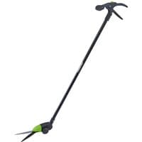 Long-handled grass shear with black handle, green accents, dual wheels, and sharp silver blades by Draper.