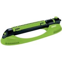 Green and black Draper oscillating sprinkler with 15-21 adjustable jets and a curved base.