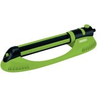 Green and black Draper oscillating sprinkler with adjustable 9-21 jets and sturdy base.