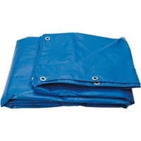 Blue Draper polyethylene tarpaulin, 5 x 8m, folded with metal grommets along the edges.