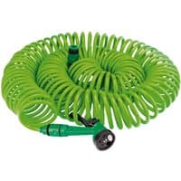 Green Draper recoil hose, 30m, with black spray gun and green tap connector, coiled for compact storage.