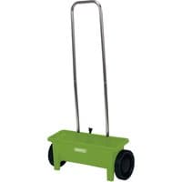 Green Draper Rotary Seed Spreader with metal handle and black wheels.