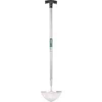 Stainless steel lawn edger with T-shaped black handle and half-moon blade by Draper
