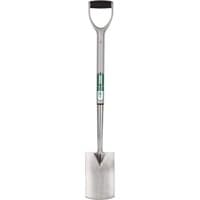 Stainless steel Draper border spade with soft grip handle and rectangular blade.