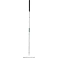 Stainless steel garden rake with black soft grip handle and wide toothed head by Draper.