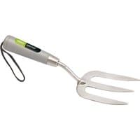 Stainless steel weeding fork with three prongs, ergonomic gray handle, and black wrist strap.