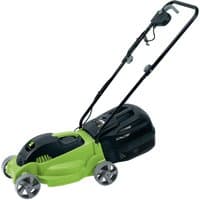Green Draper Storm Force 230V lawn mower with black handle, 320mm cutting width, and four grey wheels.