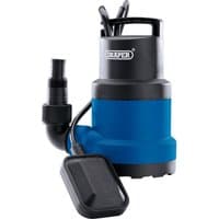 Blue and black Draper submersible clean water pump with float switch, sturdy handle, and side outlet.
