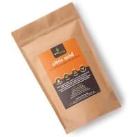 Brown paper bag of EcoLiving Citric Acid 750g with orange and black label detailing product use.