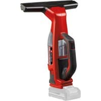 Red and black Einhell cordless window cleaner with ergonomic handle and transparent water tank.