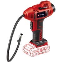 Red Einhell cordless car air compressor with black hose, ergonomic grip, and Power X-Change battery slot.