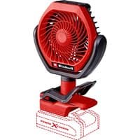 Red Einhell cordless air fan with brushless motor, circular grille, and adjustable stand, compatible with Power X-Change.