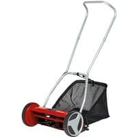 Red Einhell GC-HM 400 hand push lawn mower with silver handle, black grass catcher, and dual wheels.