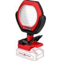 Red and black Einhell GC-OL 18/1500 Li cordless work light with round LED panel and adjustable stand.