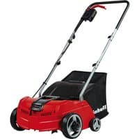 Red Einhell GC-SA1231/1 electric scarifier lawn aerator with black handle and large rear collection bag.