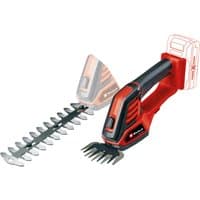 Red and black Einhell cordless grass and bush shear with interchangeable blades and ergonomic handle.